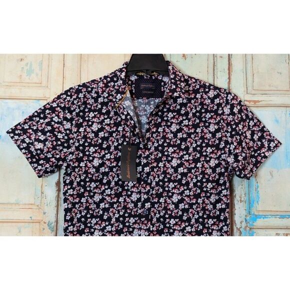 Gentlemen's Outfitters Mens Size Medium Navy Pink Short Sleeve Button-Up Shirt - Picture 4 of 10